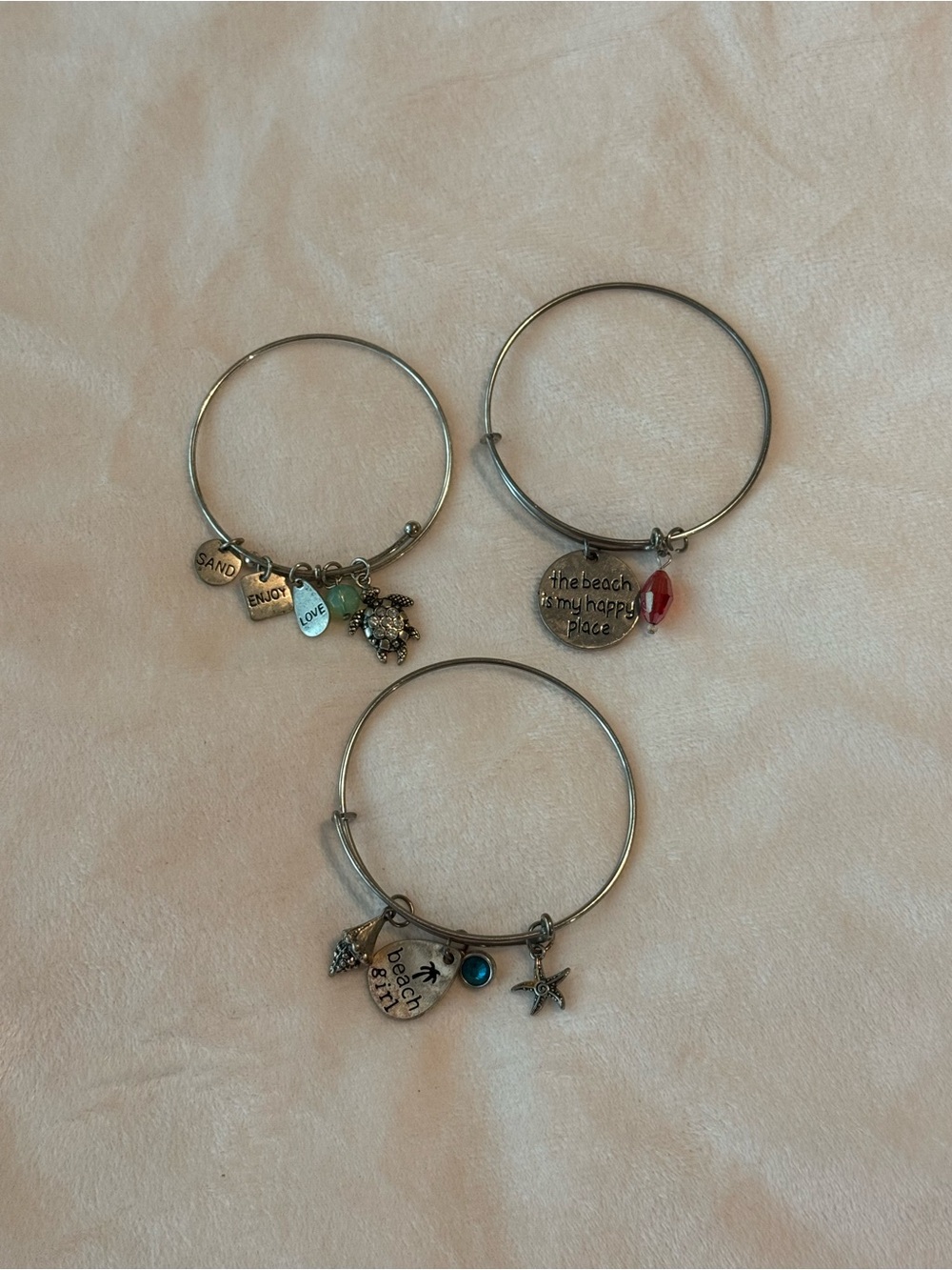 Beach Charm Bangle Bracelet Lot of 3 - Silver Tone with Blue and Red Accents